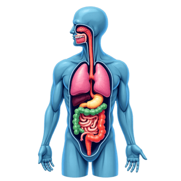 A diagram of the internal organs of the human body, with the lungs, stomach and intestines among the structures shown.